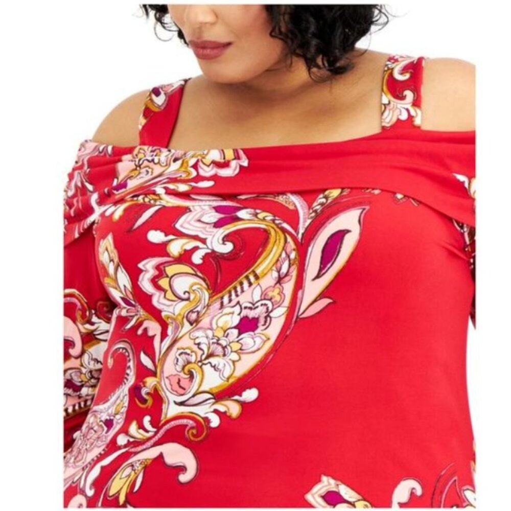 JM Collection Cold Shoulder Paisley Print Top